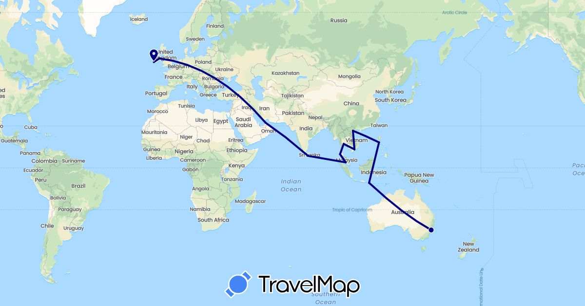 TravelMap itinerary: driving in United Arab Emirates, Australia, Indonesia, Ireland, Sri Lanka, Malaysia, Philippines, Thailand, Vietnam (Asia, Europe, Oceania)